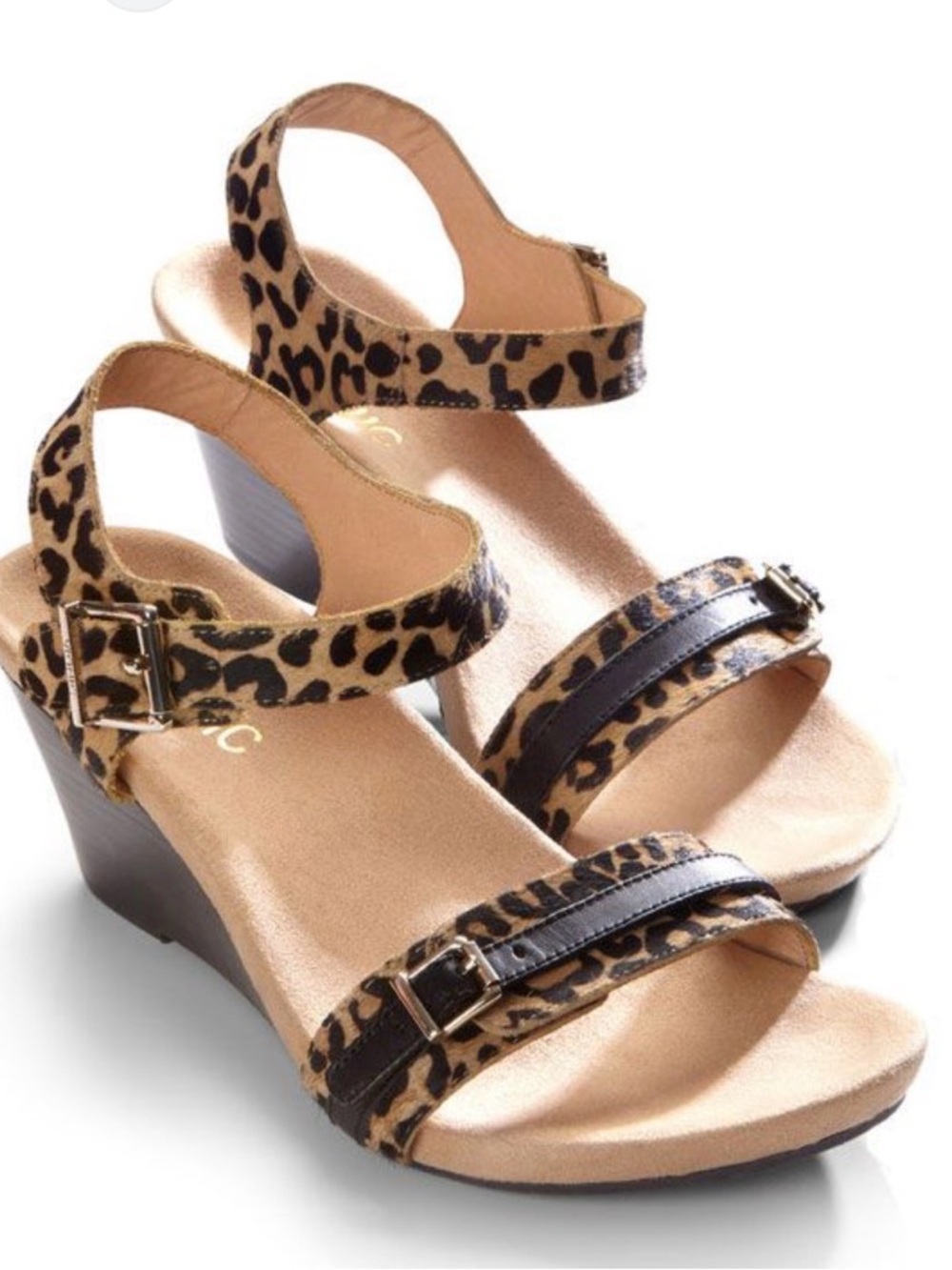 Vionic Leopard Print Wedge Sandals in Tan and Black